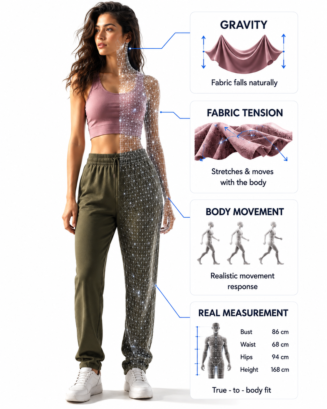 Simulation AI showing gravity, fabric tension, body movement, and real measurement on a virtual try-on