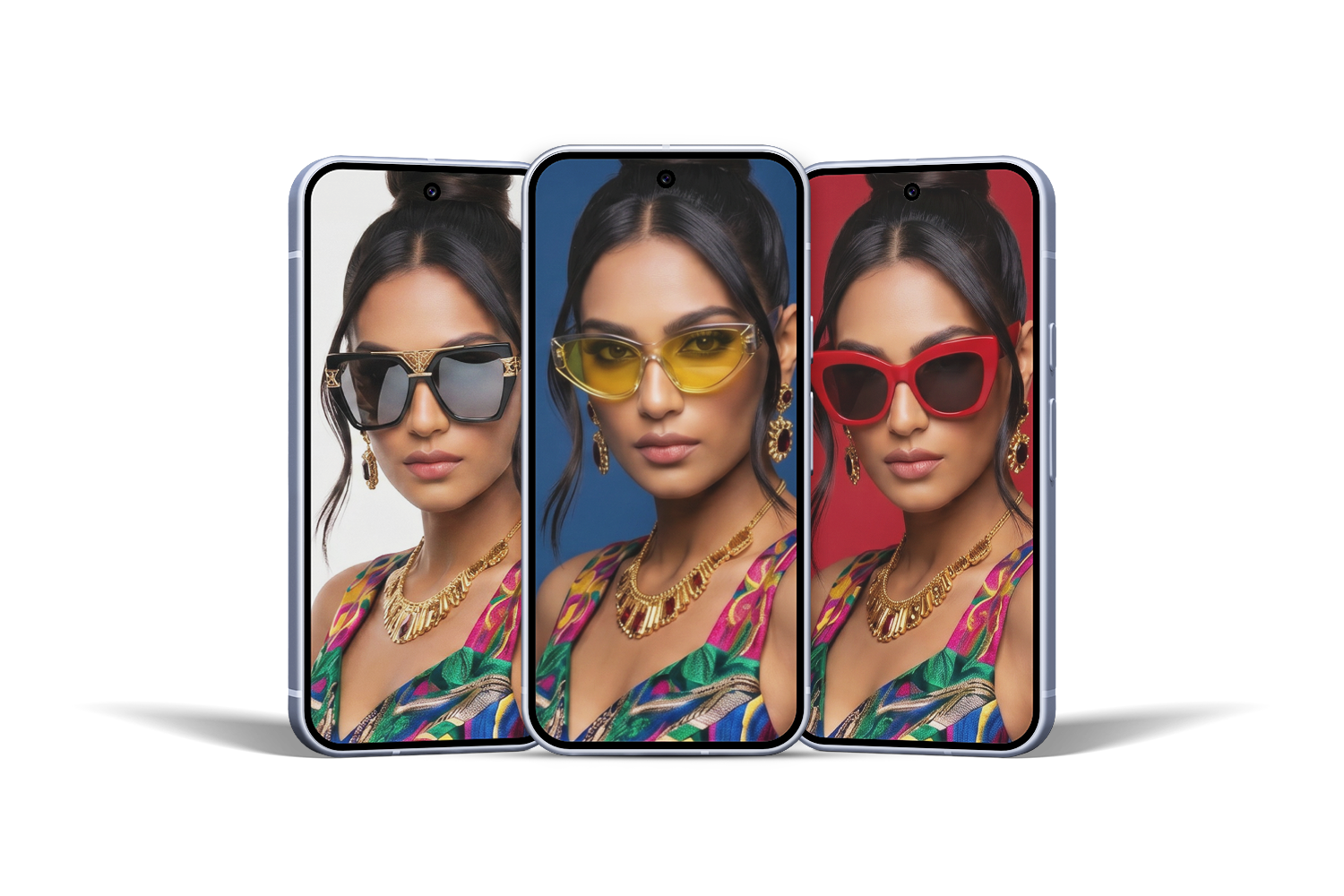 Three models wearing different styles of virtual eyewear