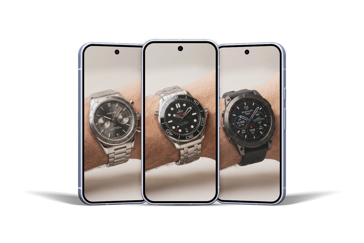 Phone mockups showing virtual watch try-on on the wrist